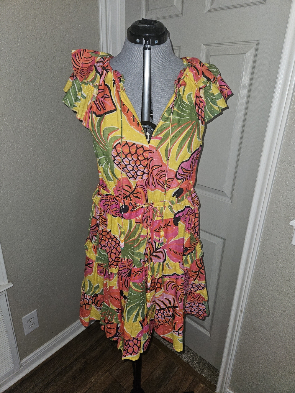 FARM Rio Tropical Print Ruffle Mini Dress in Pink, Yellow & Green